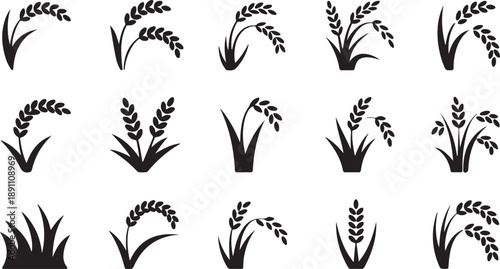 A grid displaying various black silhouette icons of rice plants and individual grains against a white field