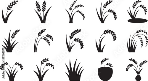 A diverse collection of black silhouette icons representing various rice plants and stalks in different forms