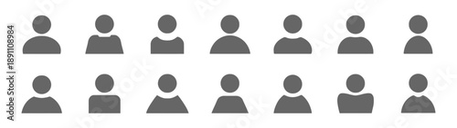 A collection of diverse user profile icons in grey, representing people, individuals, users, and contacts for social media, website design or application interface.