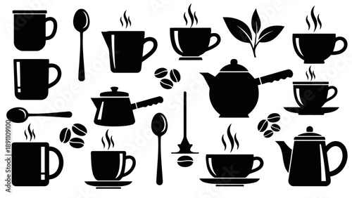 Assortment of black silhouette coffee and tea related items, hot beverages in cups and mugs, teapots and coffee pots, spoons and coffee beans, morning drinks for relaxation and energy