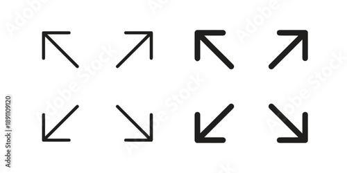 Arrows indicating direction or movement, expand and contract zoom symbols in outline and solid black fill for interface design, navigation and screen options