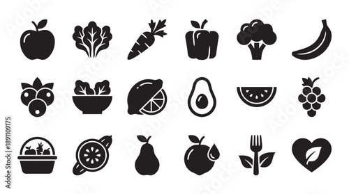 Assortment of fresh fruit and vegetable icons featuring healthy food options, vibrant natural produce for dietary and culinary themes, stylized vector graphics.
