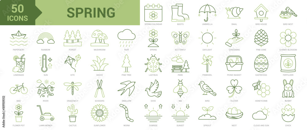 Fototapeta premium Spring colored line icon collection set. Containing spring calendar, sprout, butterfly, snail, bird house, birds, blossom, mushroom, rain, gardening, grass, flower, rainbow, forest, sunrise icons