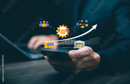 Bild auf Leinwand Digital business growth and operations workflow concept showing process optimization, supply chain management, analytics, and performance tracking for modern enterprises
