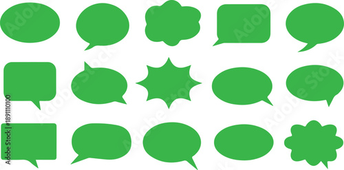 Various solid green communication bubbles for dialogue or message exchange on a clear white space
