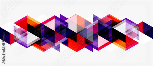 Abstract geometric pattern. Overlapping triangles create dynamic visual flow. Purple, red, orange hues dominate composition. Modern design element.