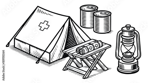 Camping Survival Equipment Vintage Engraving Illustration Set