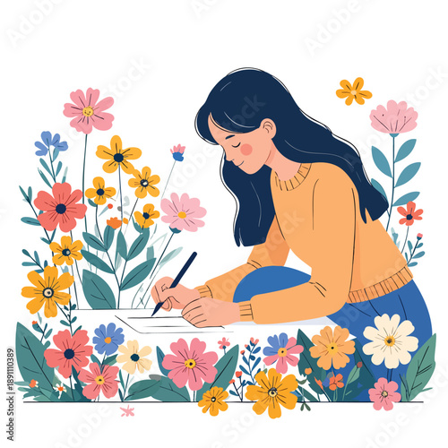 A young woman sketches in a vibrant floral garden surrounded by blooming flowers and lush greenery
