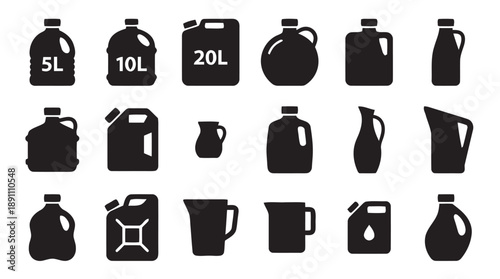 Assortment of liquid containers, including jerry cans, jugs, and canisters with capacity markings, suitable for water, fuel, or industrial liquids, on white background.