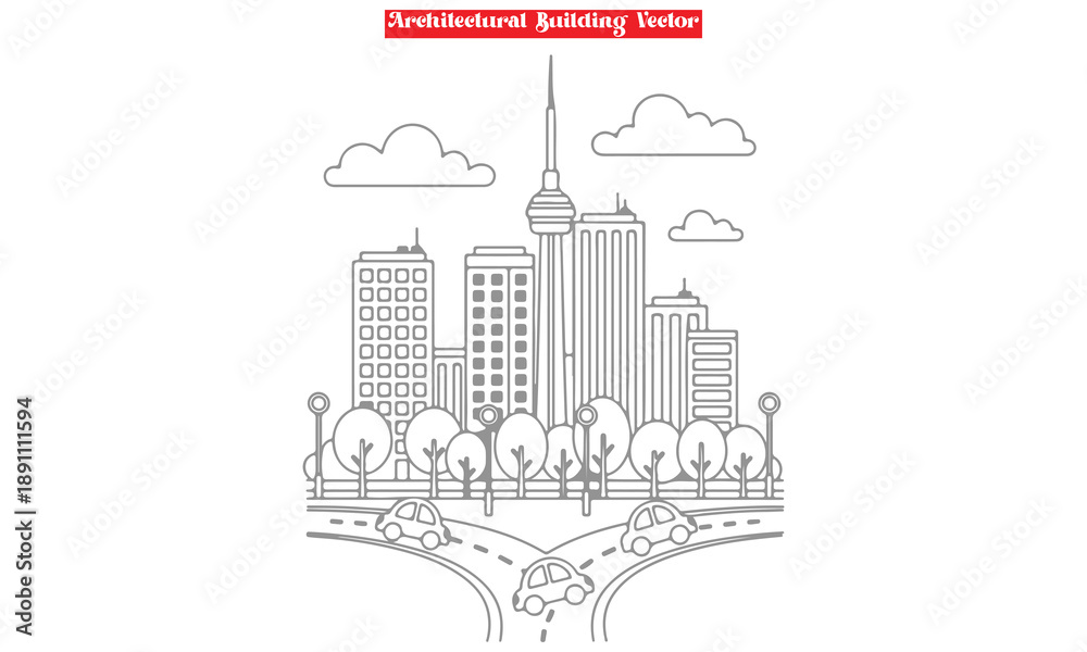 Obraz premium Architectural City Skyline Vector | Urban Street Building Line Art Coloring Page