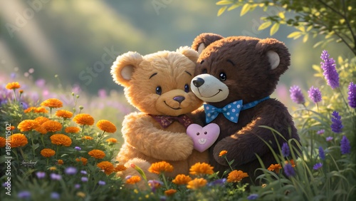 Two Adorable Teddy Bears Hugging in a Sunny Meadow with Flowers, Romantic Love Concept