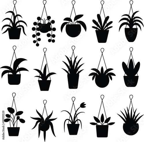 Hanging houseplant silhouettes collection in modern pots. Botanical interior décor elements for gardening designs, home decoration artwork, greenery themes, and natural indoor plant projects.