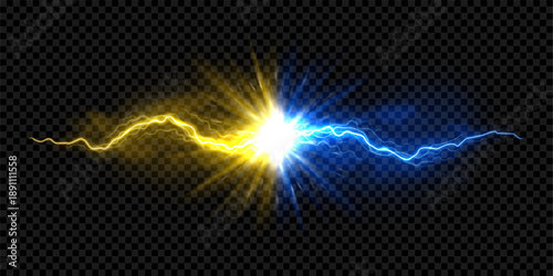 Powerful yellow and blue lightning explosion. Vibrant dual-energy concept with yellow and blue lightning bolts and bright energy burst. Vector illustration with dynamic lightning discharge.
