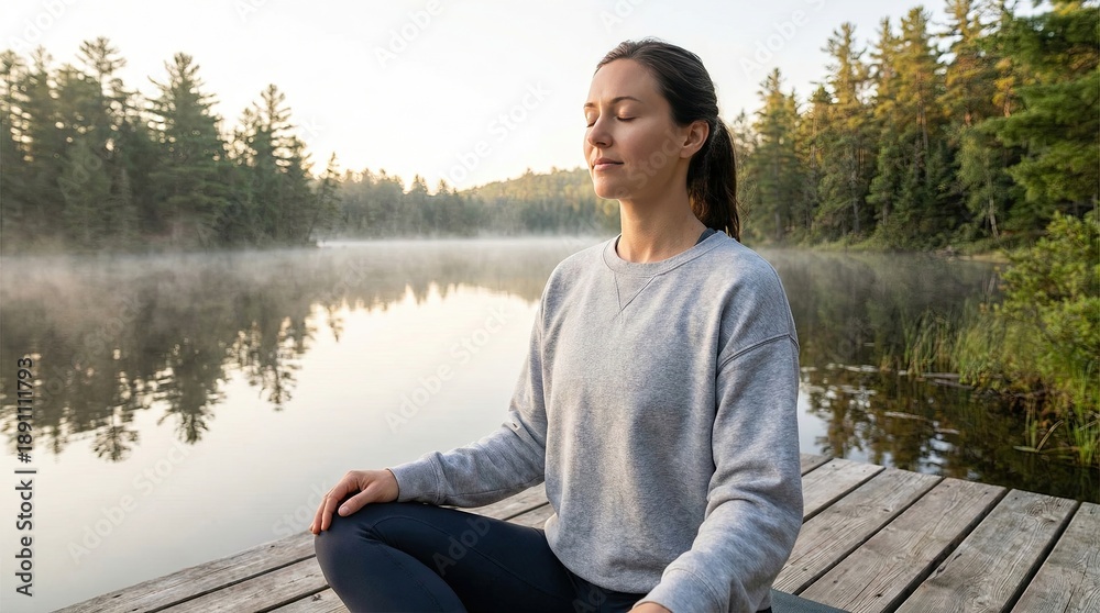 Fototapeta premium Fitness woman yoga breathing for wellness concept. Peaceful woman meditating by a serene lake at dawn.