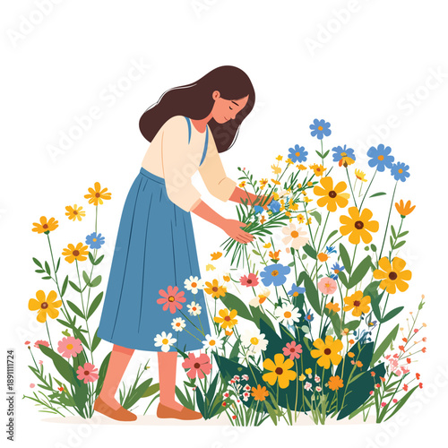 A young woman in a blue dress tenderly tends to a vibrant garden full of colorful flowers from a gentle viewpoint