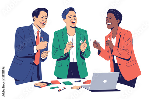 Three diverse businessmen laughing and discussing ideas around a laptop at a meeting table with notebooks and pens.