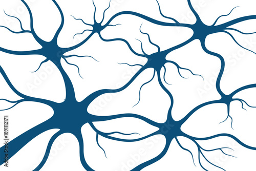 An illustration of a neural network with interconnected blue neurons on a white background