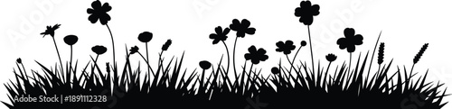Wildflower and grass silhouette border for nature themed designs, botanical patterns, spring garden artwork, outdoor decoration, and creative floral environmental projects.