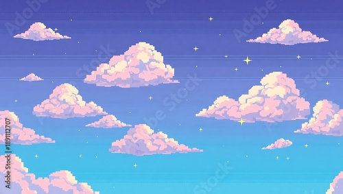 Cotton-candy clouds floating through a pastel twilight pixel sky, glowing stars beginning to appear, 8-bit style, relaxing vibe
