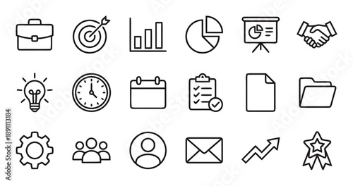 Business and finance icons in line art style, representing growth, teamwork, strategy, and success for corporate use.
