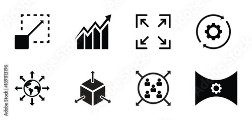 Business growth icons including scale chart arrows cube network and gear icons representing expansion development and progress vector graphics