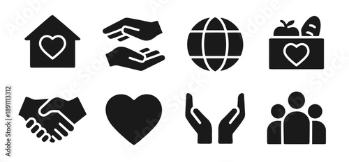 Charity and support icons featuring house with heart, helping hands, globe, donation box, handshake, heart symbol, open hands, and group of people, signifying generosity and community.