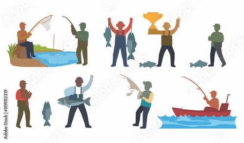 Fishermen sport fishing flat vector illustration set isolated on white