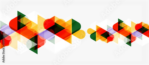 Abstract geometric shapes overlap, creating colorful pattern. Triangles, circles, squares form dynamic composition. Bright hues dominate design.