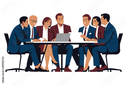 A diverse group of business professionals engaged in a meeting around a table with a laptop