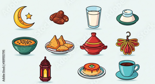 Ramadan food and drink icons set with lantern and crescent moon symbolizing islamic holy month