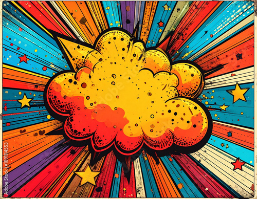 Retro Pop Art Comic Explosion with Halftone Dots and Star Shapes.