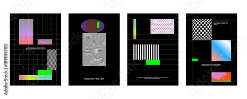 Posters with gradient minimalistic basic figures, extraordinary graphic assets of geometrical shape. Modern minimal colorful print brutalist.	
