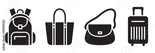 Collection of bag and luggage icons with backpack, tote bag, handbag, and suitcase for travel and everyday use on white background vector