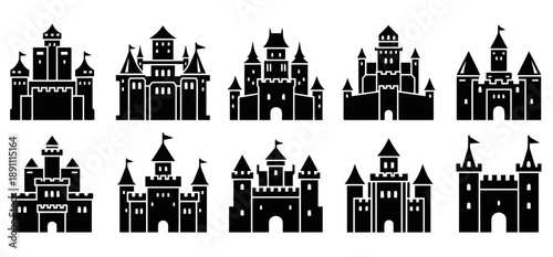 Collection of black silhouette castles in different designs and architectural styles, medieval fortresses and fairytale palaces, fantasy architecture for games and illustrations, royal symbols