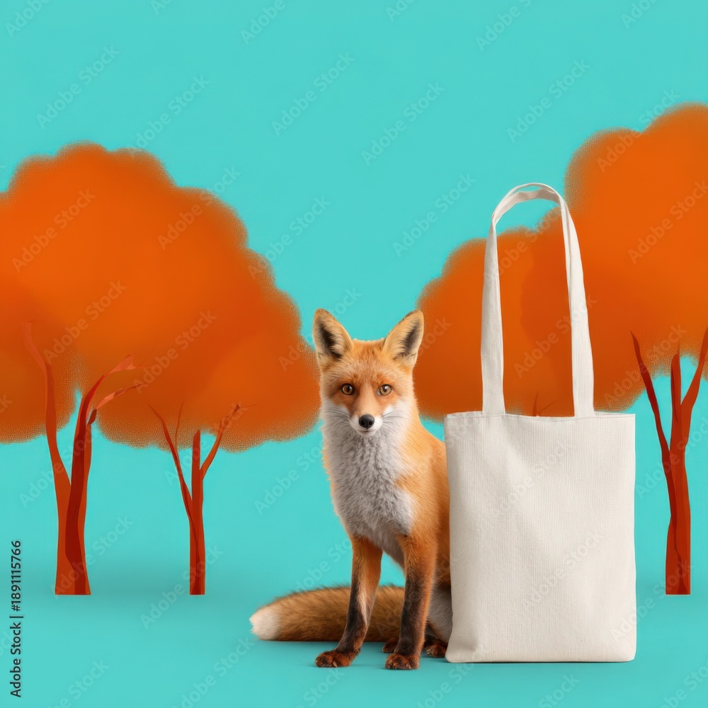 Fototapeta premium Adorable fox with white tote bag in vibrant autumn forest scene