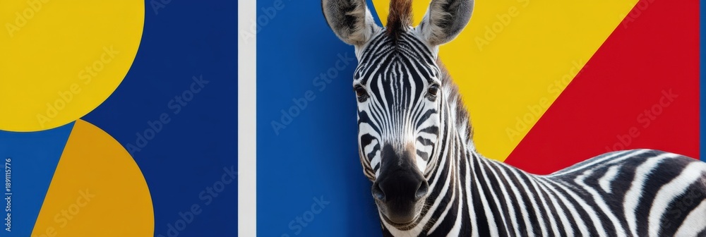 Obraz premium Zebra with bold geometric background featuring blue, yellow, and red shapes