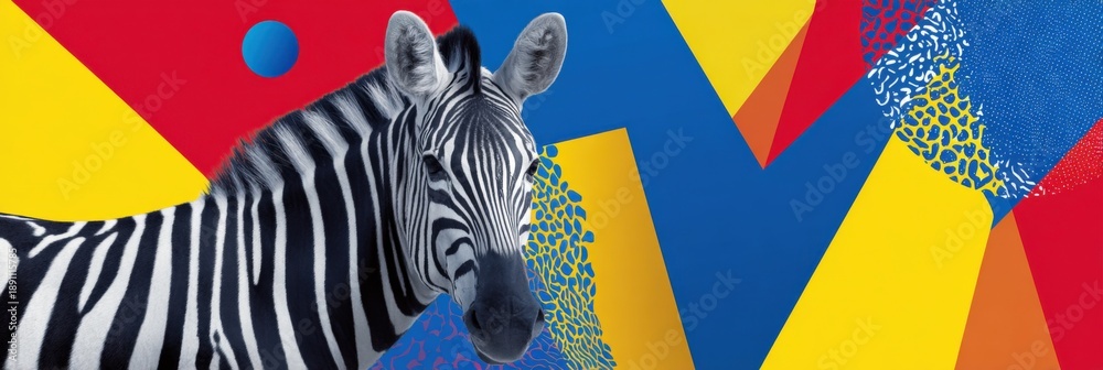 Fototapeta premium Zebra on colorful geometric background with bold patterns