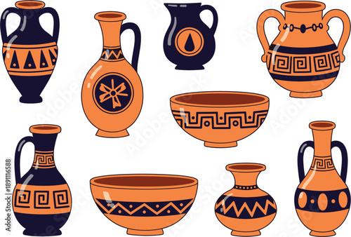 Cute Cartoon Greek Pottery Vector Set with Ancient Amphora and Vases