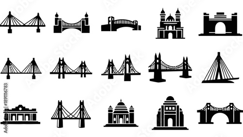 Collection of bridge architectural styles and structures showcasing different engineering designs from suspension to arch bridges and landmarks