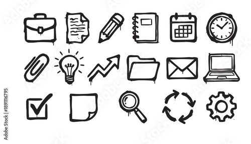 Collection of business and office icons in doodle style, representing work, planning, ideas, and office supplies, perfect for modern presentations and web design.