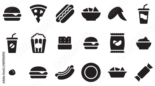 Collection of fast food and drink icons, silhouette style, representing burgers, pizza, hot dogs, popcorn, fries, soda, and candy for graphic design and web use