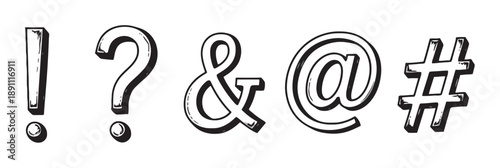 Collection of hand-drawn punctuation and symbol illustrations including exclamation mark question mark ampersand at symbol and hashtag with thick outline and shading for graphic design concepts