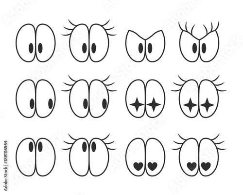 Cartoon eyes characters, cartoon eyes with emotion: happy, sweet, in love, embarrassed, angry, shy. Vector illustration.