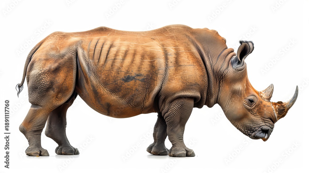 Fototapeta premium Full-body photograph of a rhinoceros isolated on a white background, showing realistic skin texture, strong body shape, sharp focus, and clean studio lighting. 