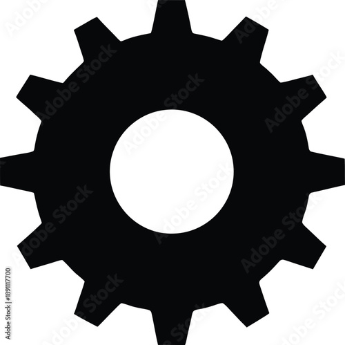 Black cogwheel icon representing settings, mechanics, or system functionality on a white background