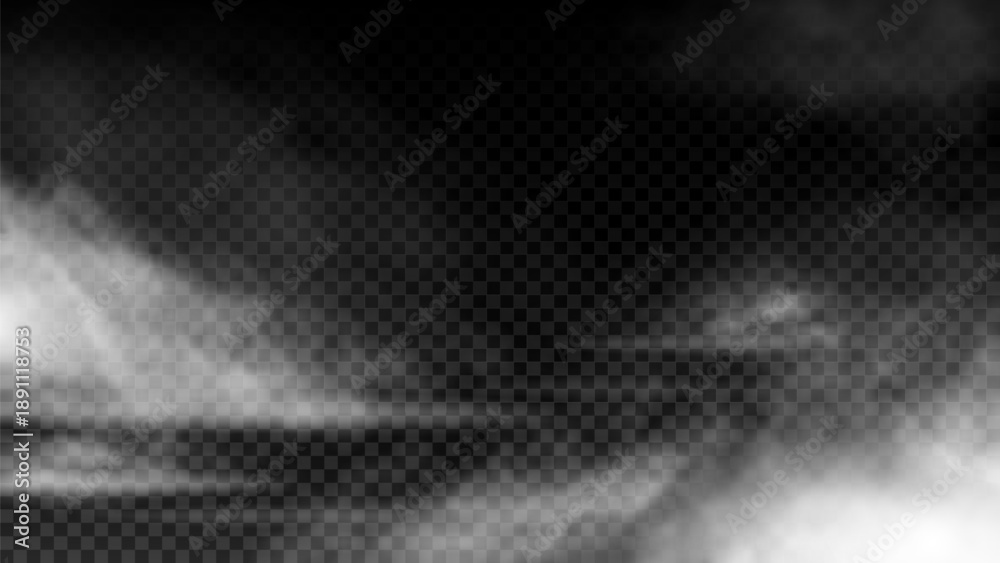 Fototapeta premium Realistic vector white smoke or fog clouds. Detailed fog, vapor, smoke, mist, or steam effect isolated on checkered background. 3d atmospheric phenomena with transparent overlay effect.