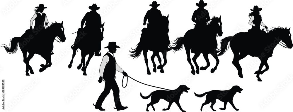 Fototapeta premium Black silhouettes of cowboys riding horses and walking dogs cowboy, horse, dog, silhouette, black, white background, riding, walking, cowboy hat, western, equestrian, animals, people, silhouettes, cow