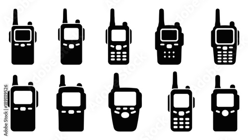 Collection of portable two-way radio devices walkie-talkie communication gadgets in various styles representing handheld transceivers for broadcasting