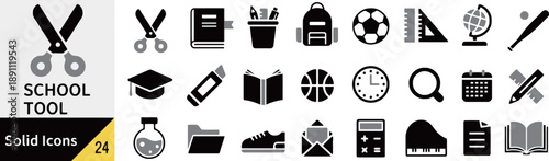 Collection of school and education solid icons representing stationery and learning tools for students and teachers back to school concept