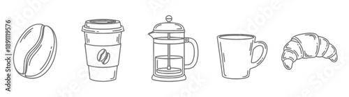 Collection of simple line art icons representing coffee and breakfast items: coffee bean, to-go cup, french press, mug, and croissant, perfect for cafe menus and culinary designs.